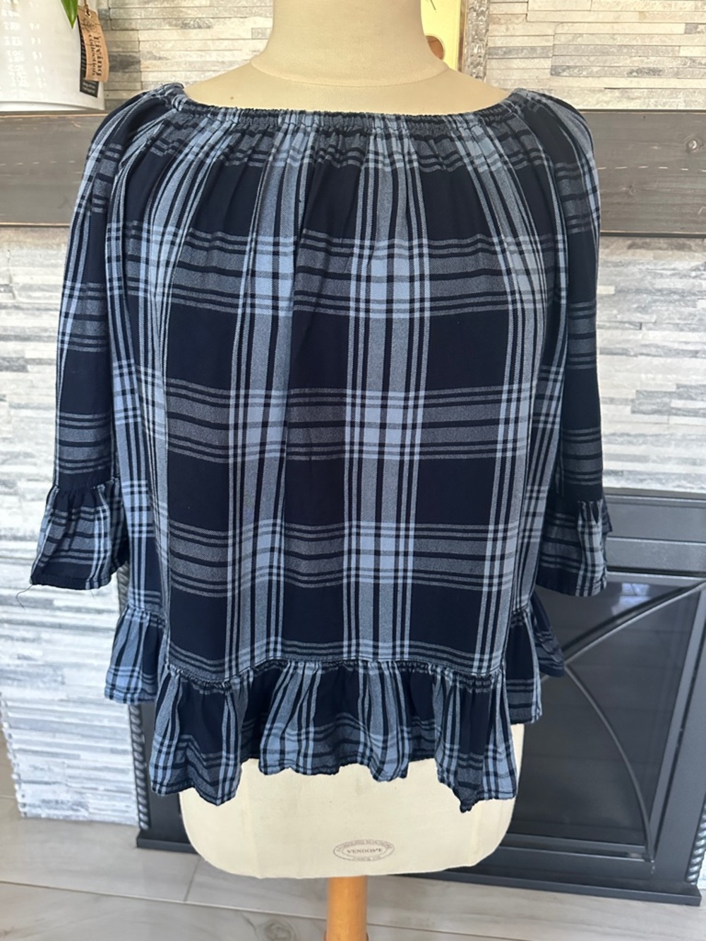 Navy and Light Blue Plaid Off-Shoulder Peasant Top size S
